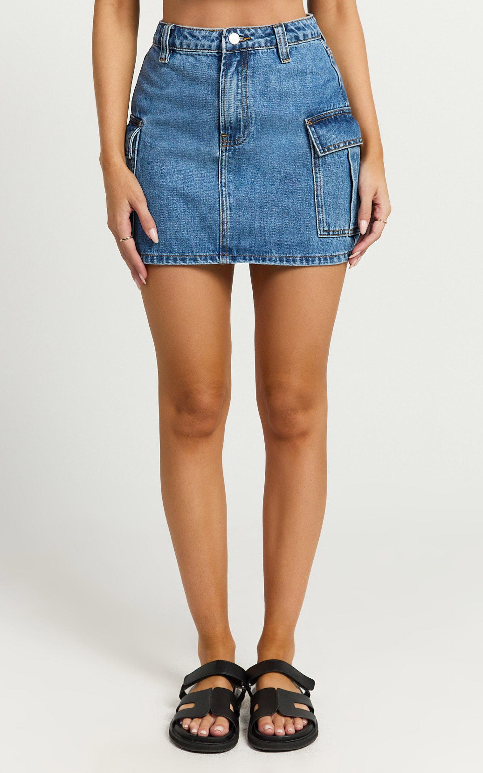 Wallace Mini Skirt - Mid Waisted Recycled Denim Utility Skirt in Mid Blue Wash Product Image