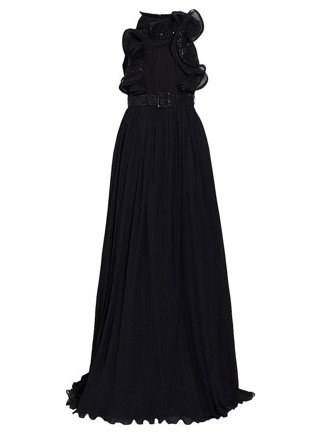 Womens Pleated Sequin Ruffle Gown Product Image