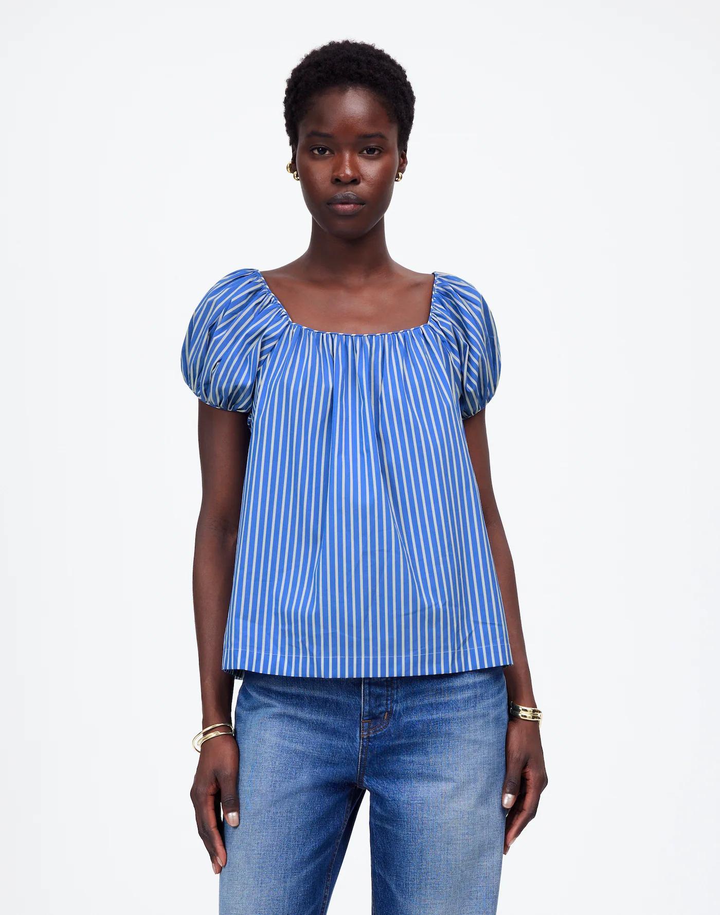 Square-Neck Puff-Sleeve Shirt in Stripe Product Image