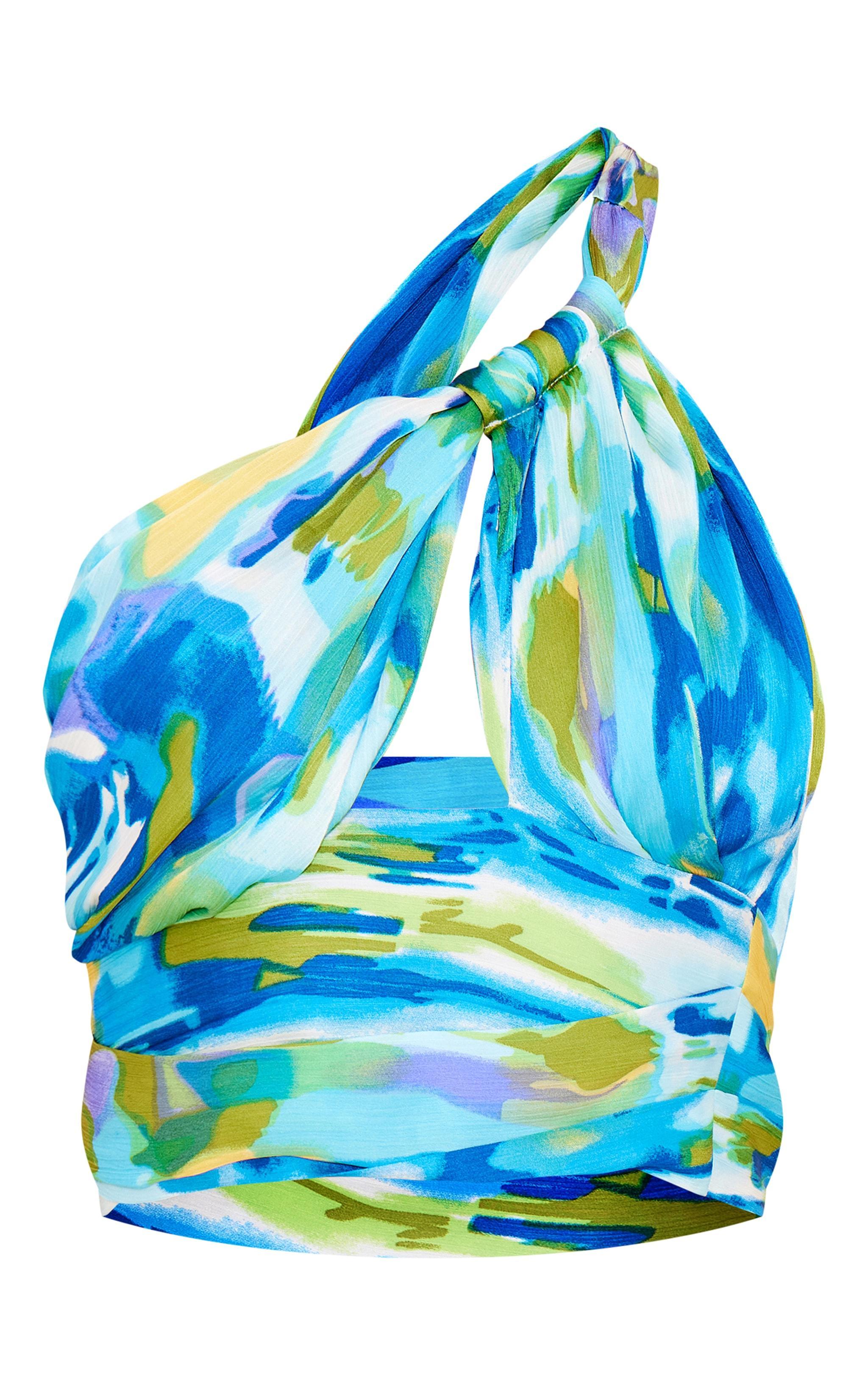 Blue Printed Cut Out Asymmetric Crop Top Product Image