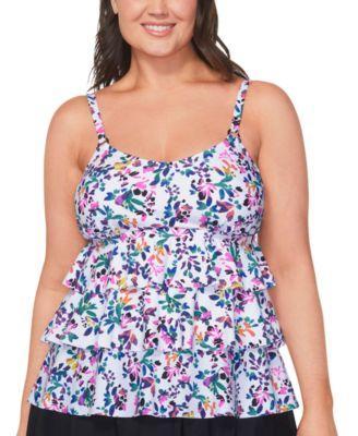 Plus Size Floral-Print Tiered Tankini Top, Created for Macy's Product Image