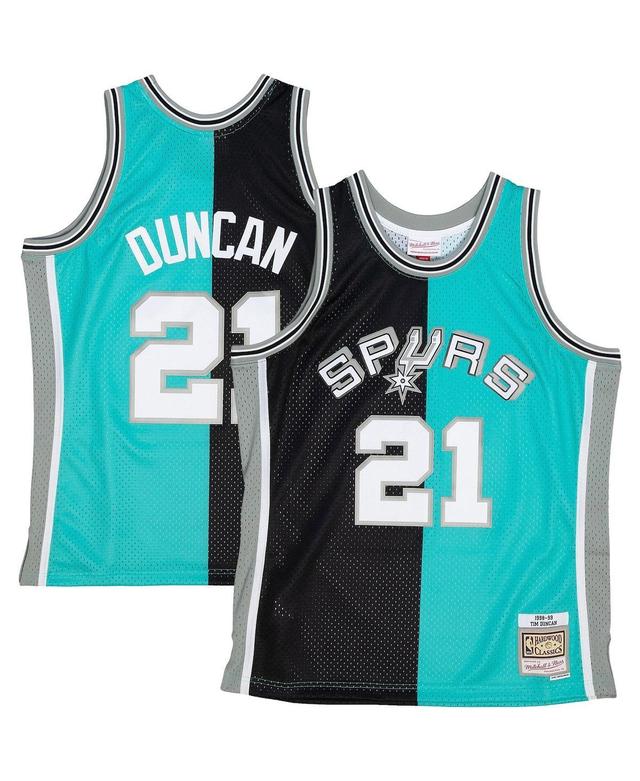 Mens Mitchell & Ness Tim Duncan Black, Teal San Antonio Spurs Big and Tall Hardwood Classics 1998-99 Split Swingman Jersey - Black, Teal Product Image