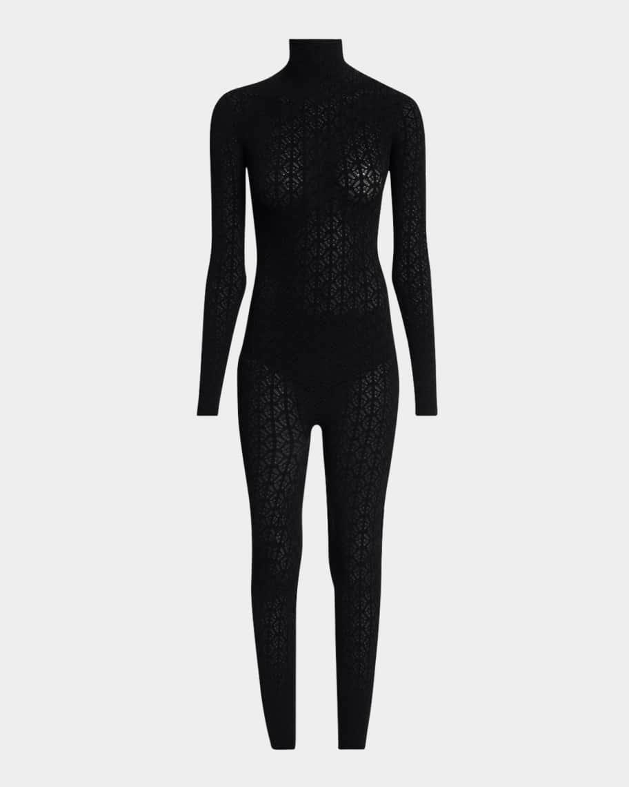 Turtleneck Long-Sleeve Lace Knit Catsuit Product Image