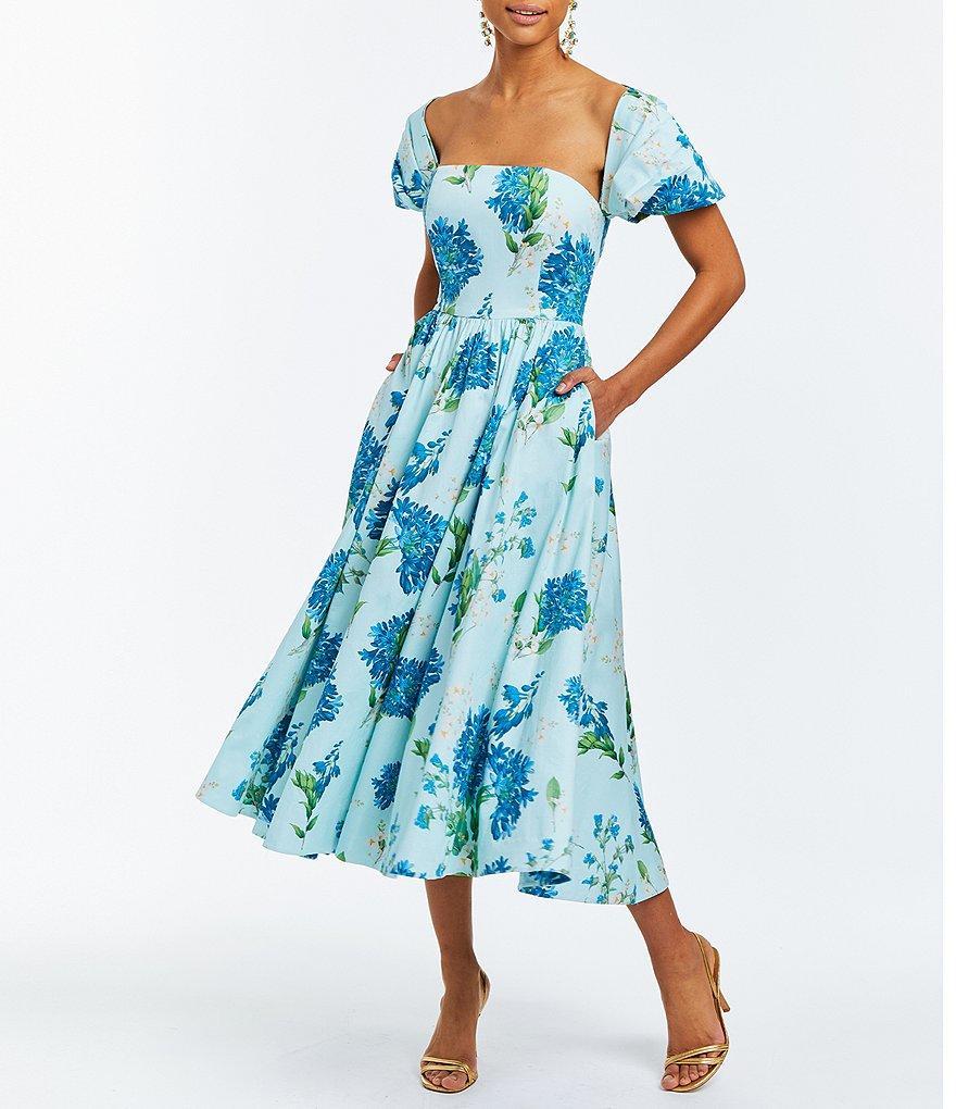 Mestiza New York Odette Floral Bouquet Printed Cotton Sateen Off-The-Shoulder Short Sleeve Pocketed Midi A-Line Dress Product Image