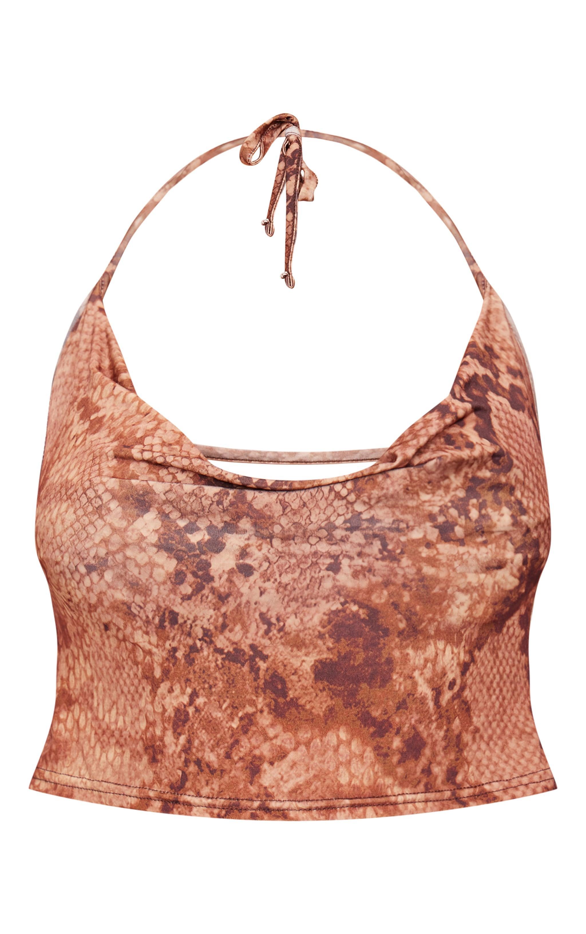 Brown Slinky Snake Skin Cowl Open Back Halterneck Top Product Image