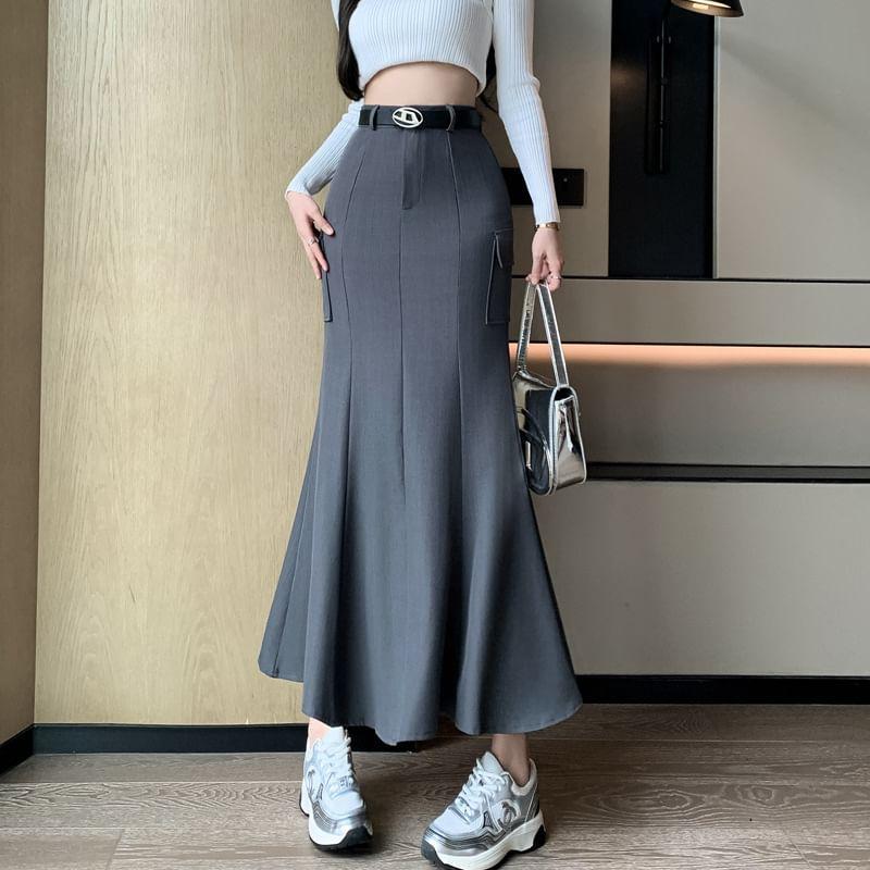 High Waist Plain Midi Mermaid Cargo Skirt Product Image