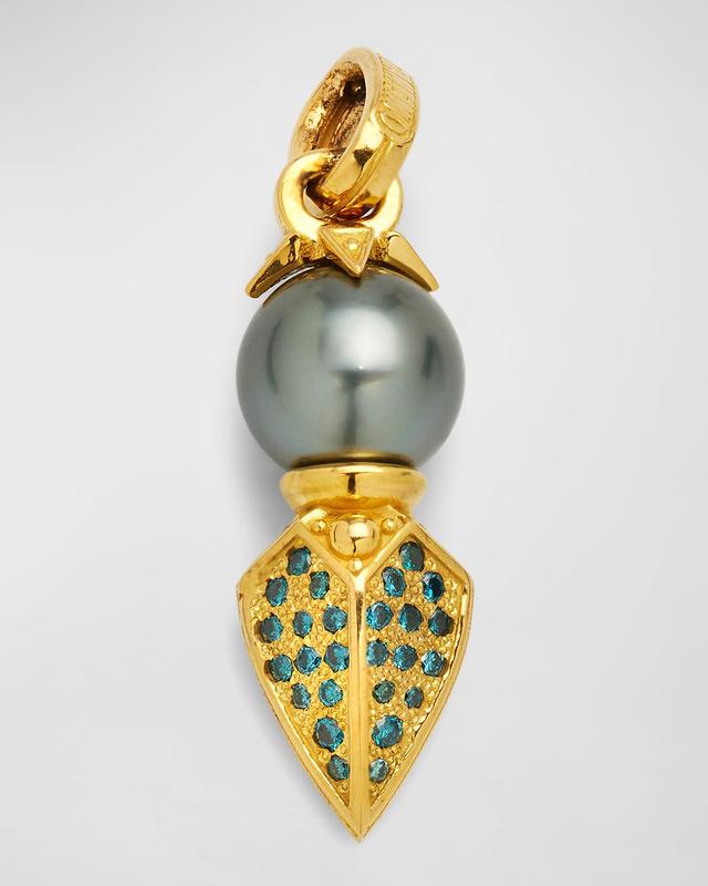 Mens 18K Yellow Gold Black Pearl Pendant with Blue Diamonds Product Image