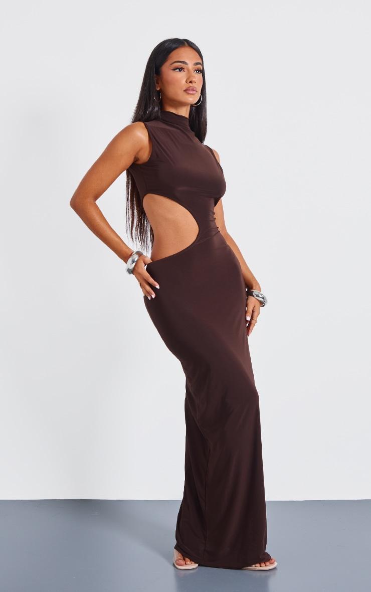 Petite Chocolate Bodycon Slinky Cut Out Maxi Dress Product Image