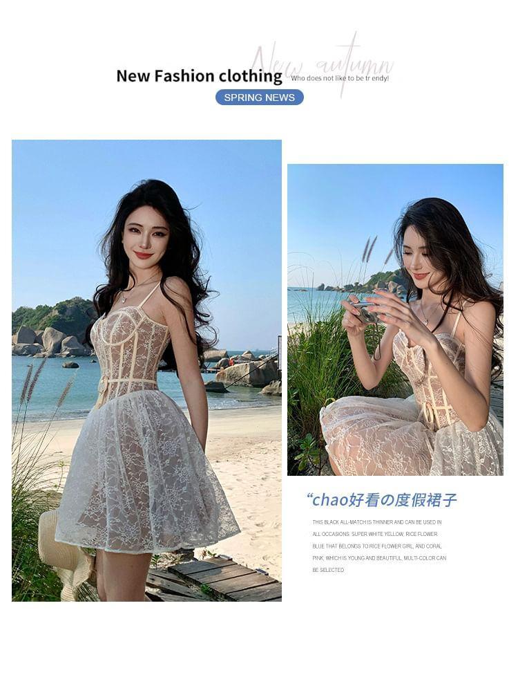 Spaghetti Strap Plain Bow Panel Lace Mini A-Line Dress Product Image