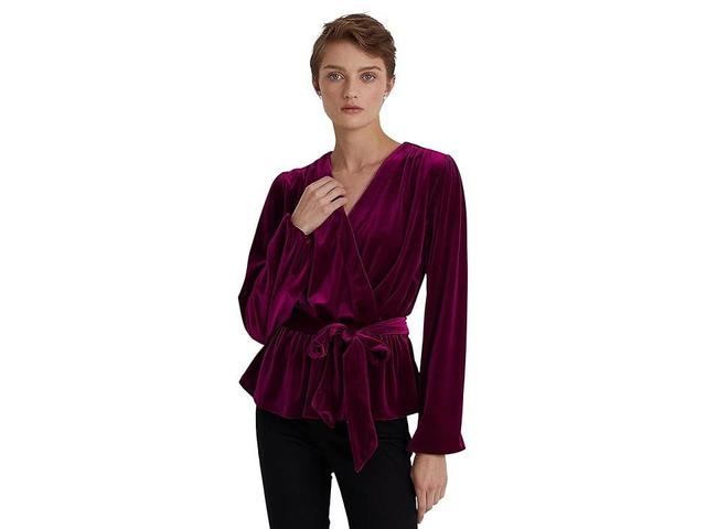 LAUREN Ralph Lauren Belted Velvet Peplum Surplice Top (Garnet) Women's Clothing Product Image