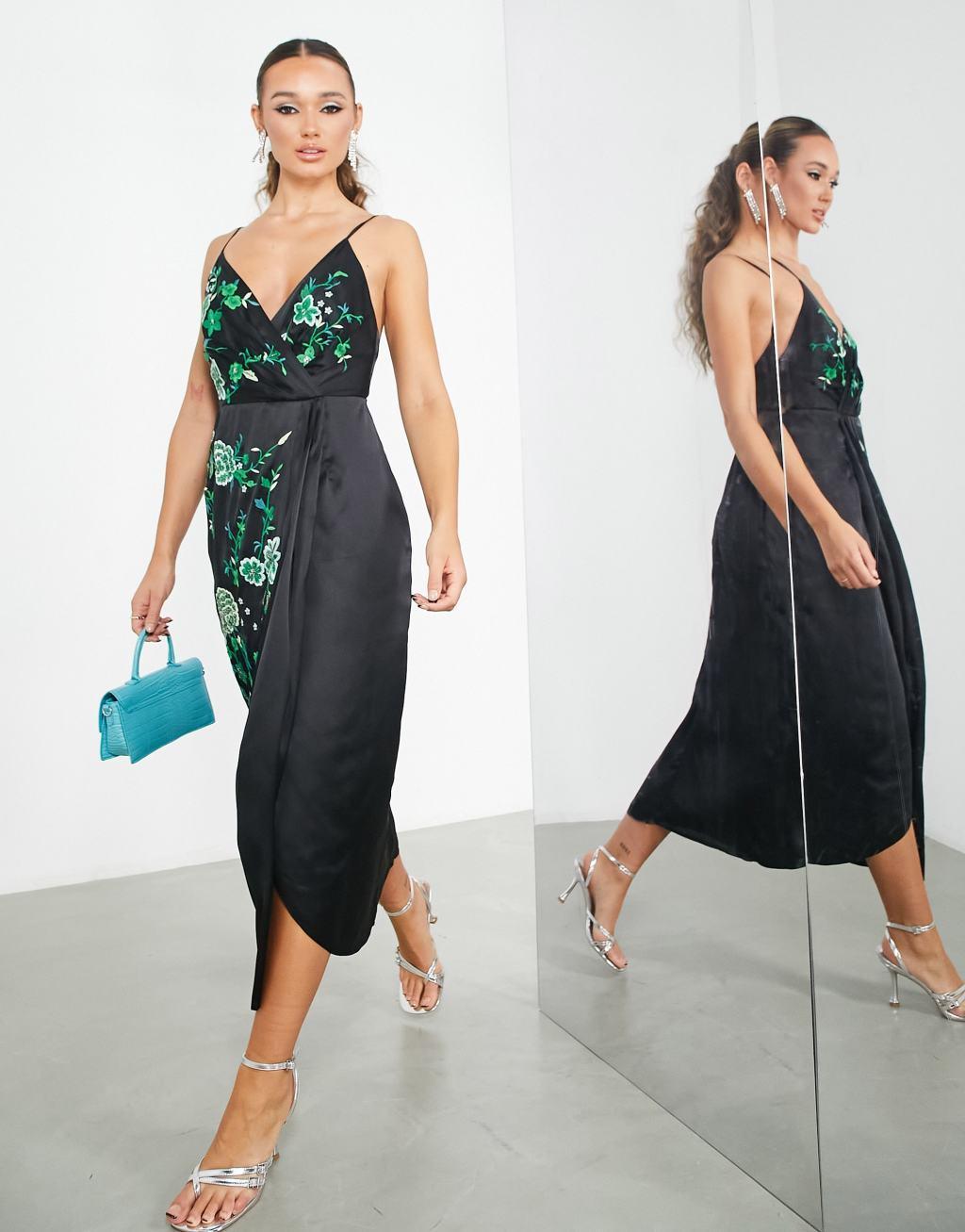 ASOS EDITION satin drape side cami midi dress with floral embroidery in black Product Image