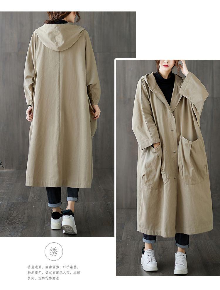 Plain Hooded Button-Up Long Trench Coat Product Image