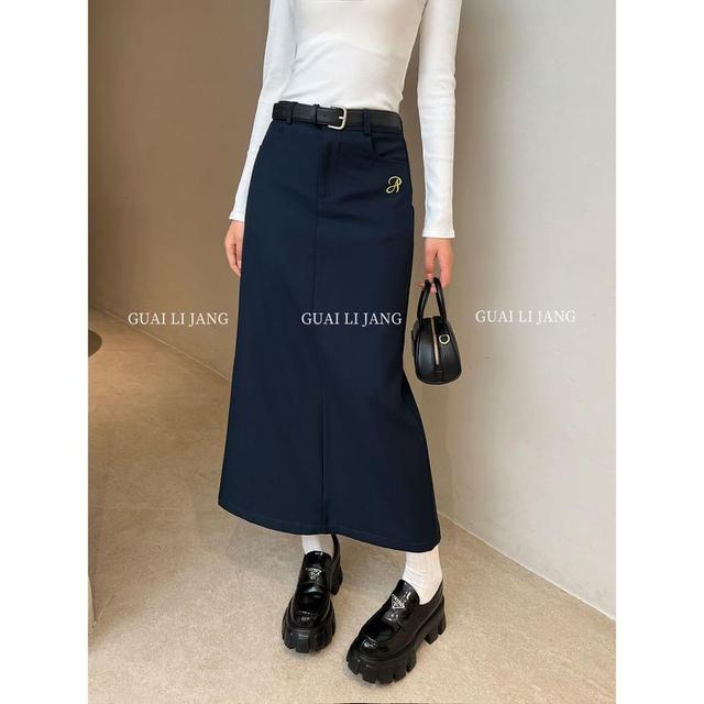 High Waist Lettering Embroidered Maxi Straight Skirt Product Image