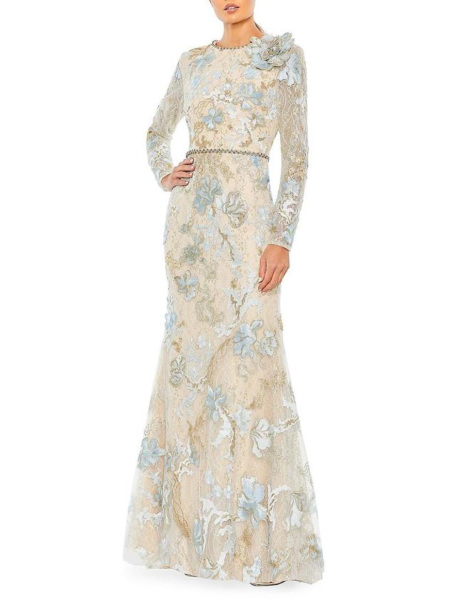 Mac Duggal Floral Lace Embroidered Crew Neck Long Sleeve Gown Product Image