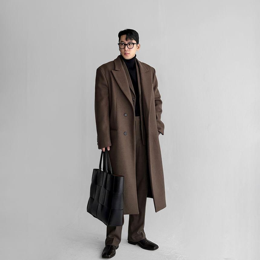 Peak Lapel Plain Button-Up Long Coat Product Image