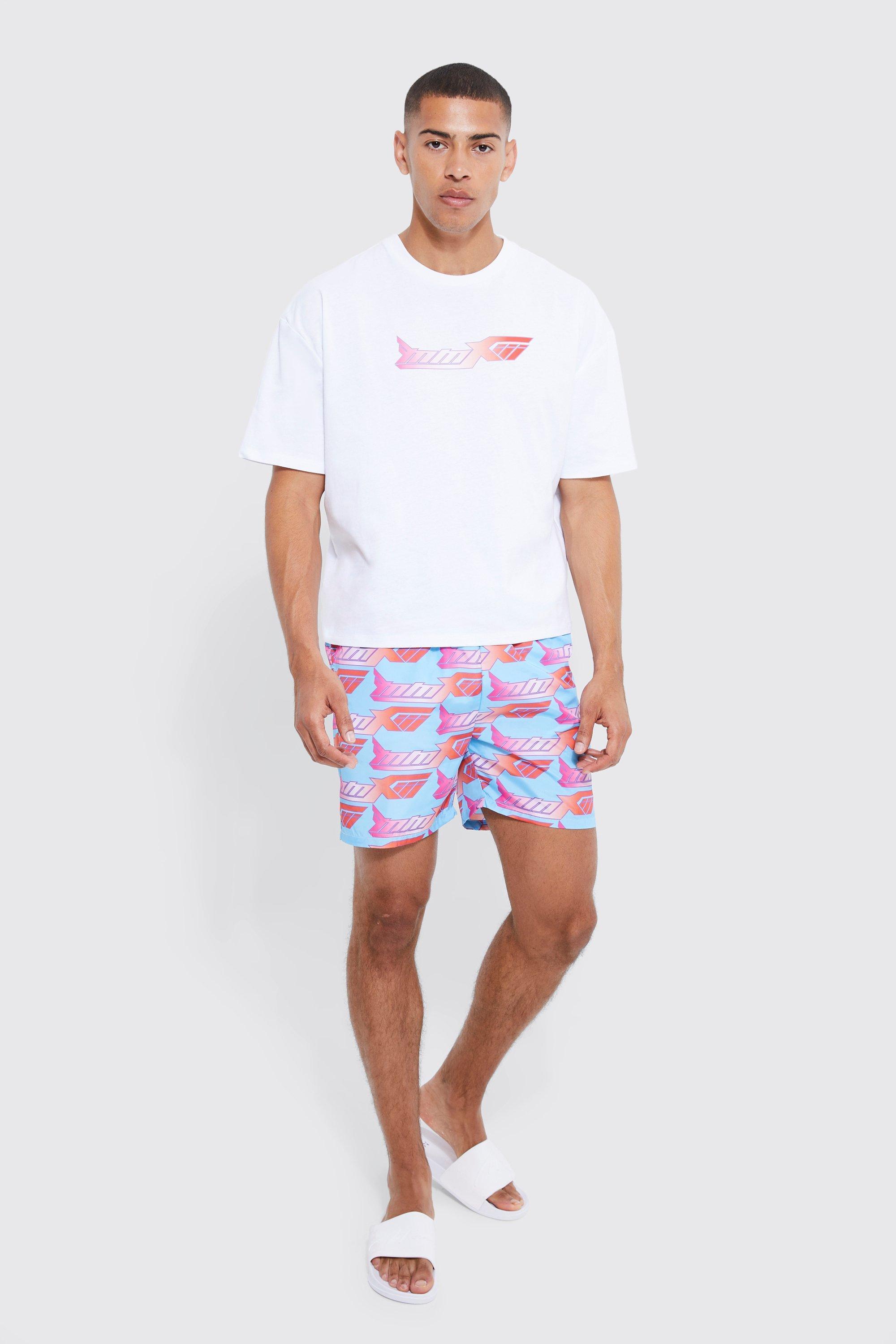 Mens White Oversized Boxy Man T-shirt & Swim Short Set, White Product Image