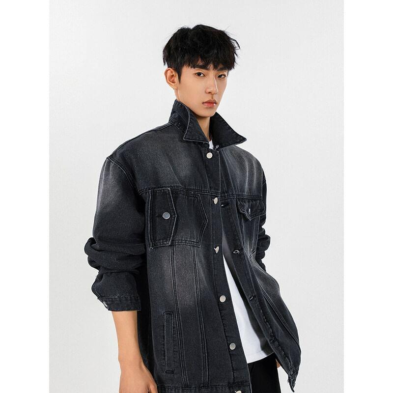 Washed Hooded Button-Up Denim Jacket Product Image