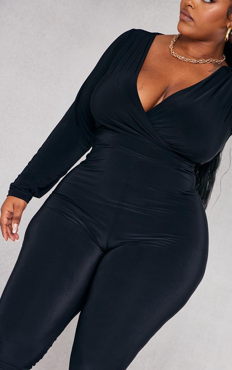 Plus Black Wrap Front Long Sleeve Catsuit Product Image