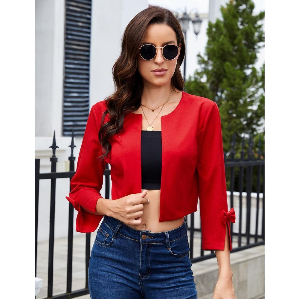 Womens Cropped Blazer Casual Bow Slit Cuff Open Front Collarless Lightweight Work Jacket Cardigan Shrug Product Image