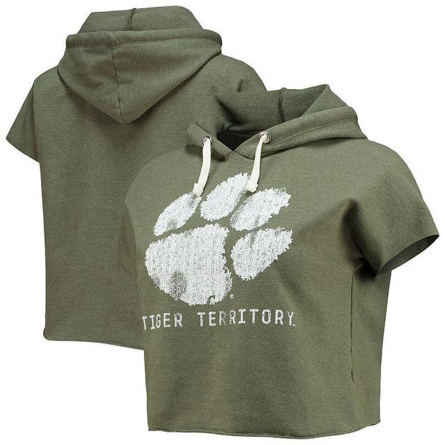 Womens Original Retro Brand Olive Clemson Tigers Cropped Tri-Blend Short Sleeve Pullover Hoodie Product Image