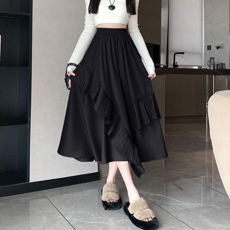 High Rise Plain Ruffle Asymmetrical Maxi A-Line Skirt Product Image