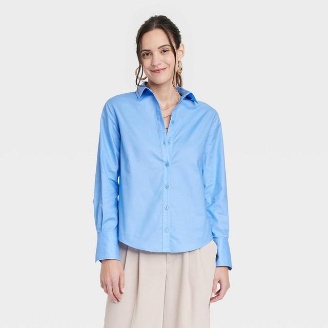 Womens Long Sleeve Oxford Button-Down Shirt - A New Day Blue L Product Image