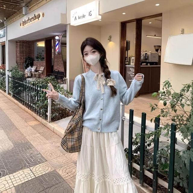 Crewneck Ribbon Neck Plain Cardigan / High Waist Maxi A-Line Skirt Product Image