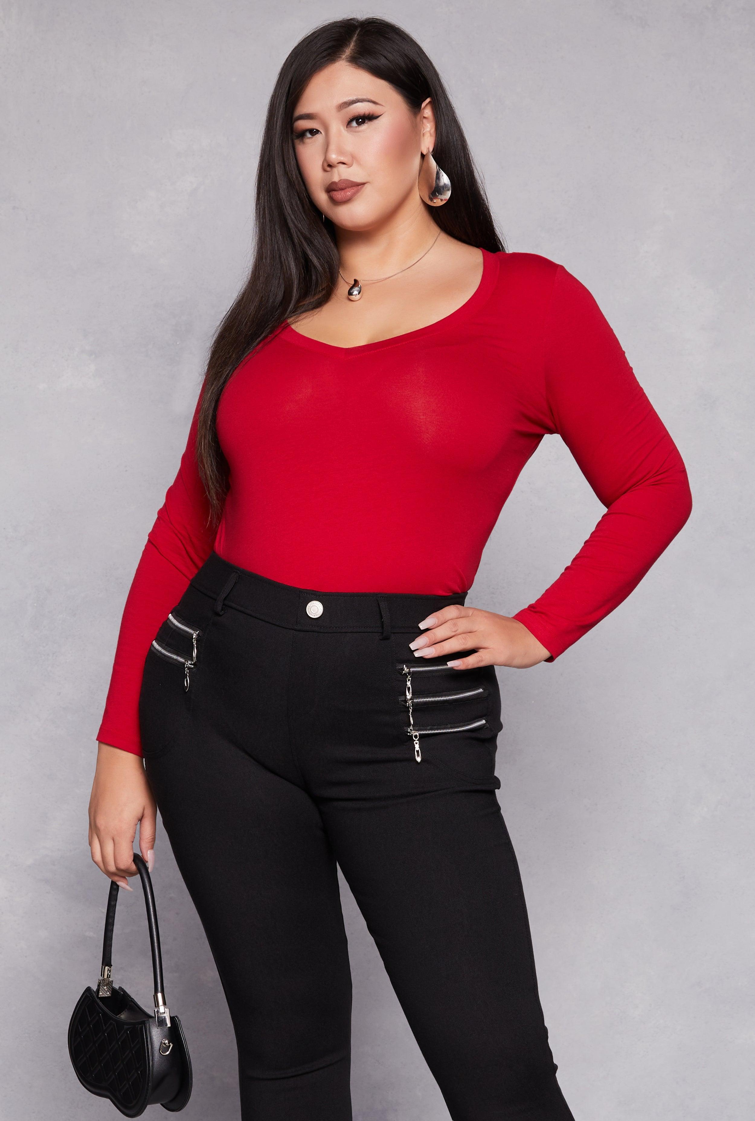 Womens Plus Size Basic Long Sleeve V Neck Tee Product Image