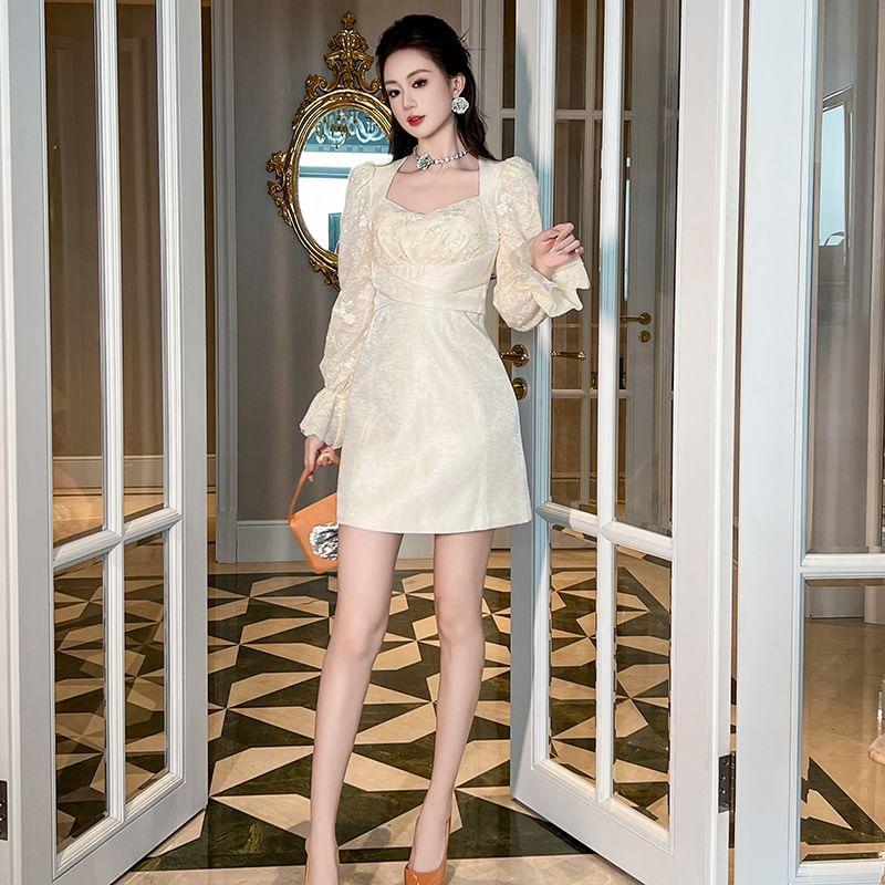 Long-Sleeve Lace Panel Mini A-Line Dress Product Image