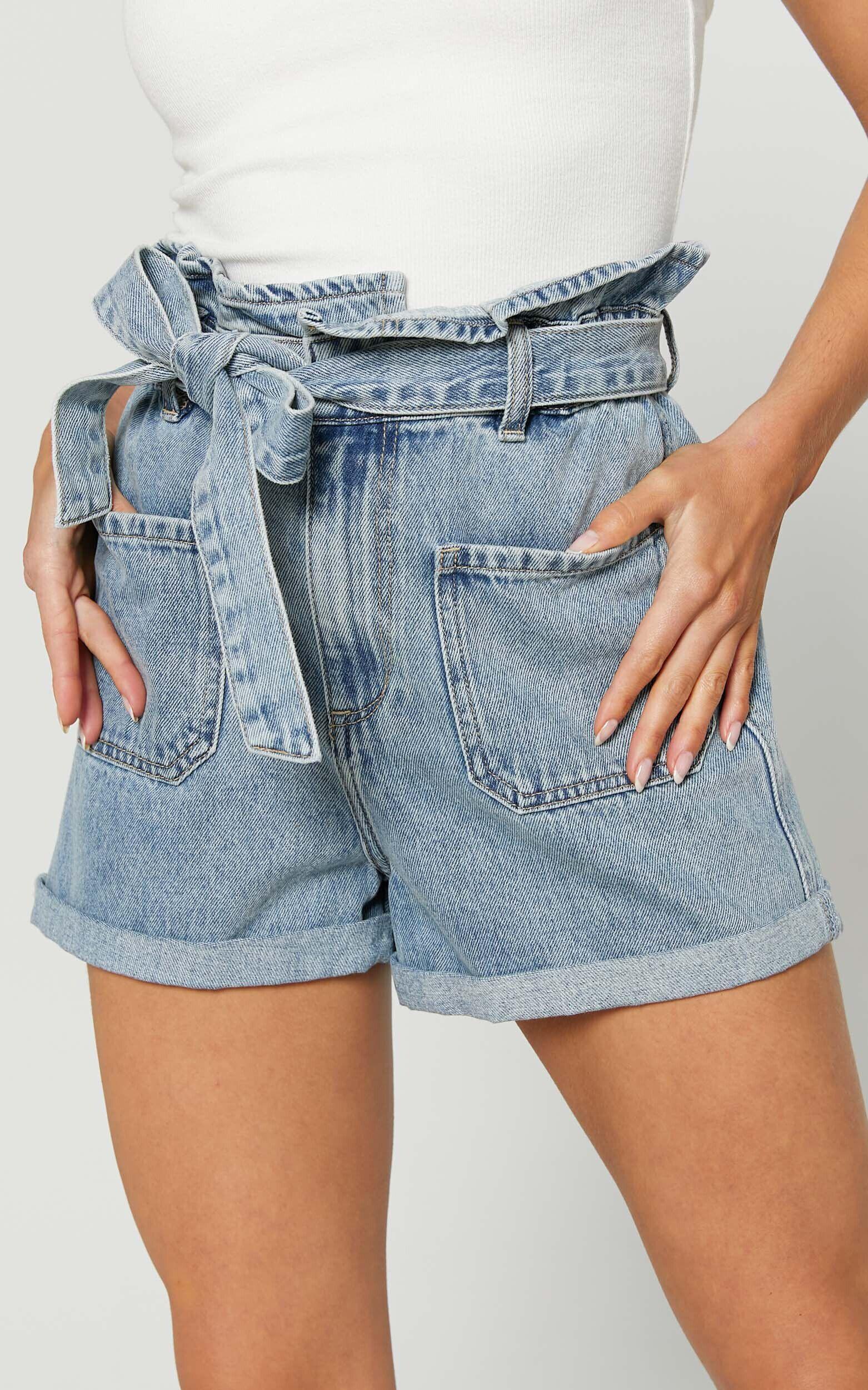 Amber Shorts - Recycled Cotton Denim Shorts with Paper Bag Waist in Light Blue Wash Product Image