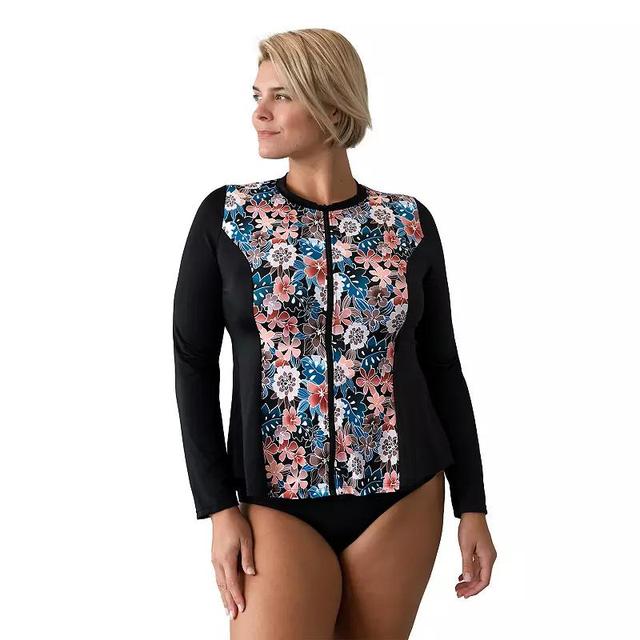 Plus Size Fit 4 U Floral Print Long Sleeve Zip-Up Swim Shirt, Womens Brown Product Image