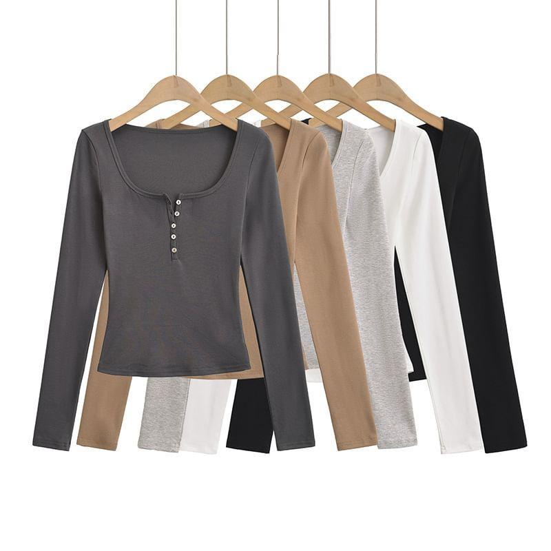 Long Sleeve Henley Scoop Neck Plain Crop T-Shirt Product Image