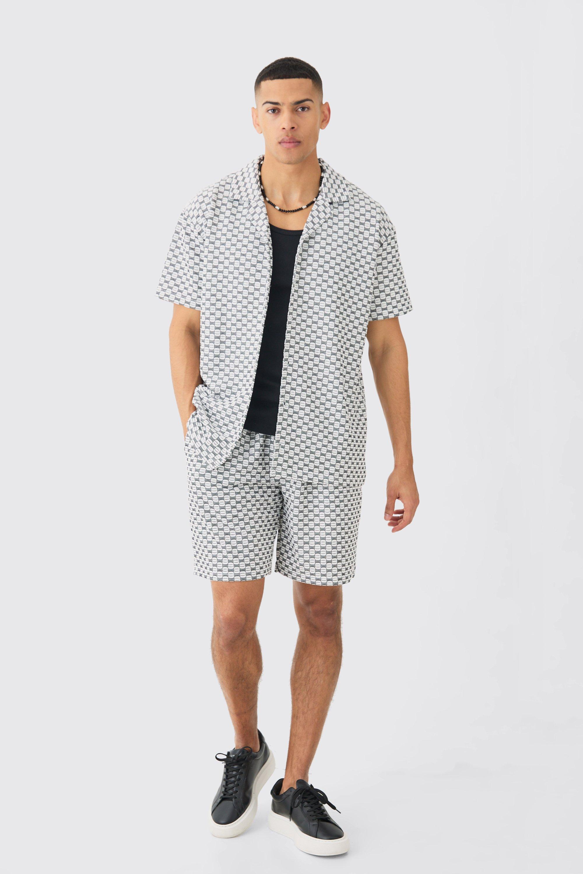 Mens White Oversized Boxy Revere Geo Jacquard Shirt & Short Set, White Product Image