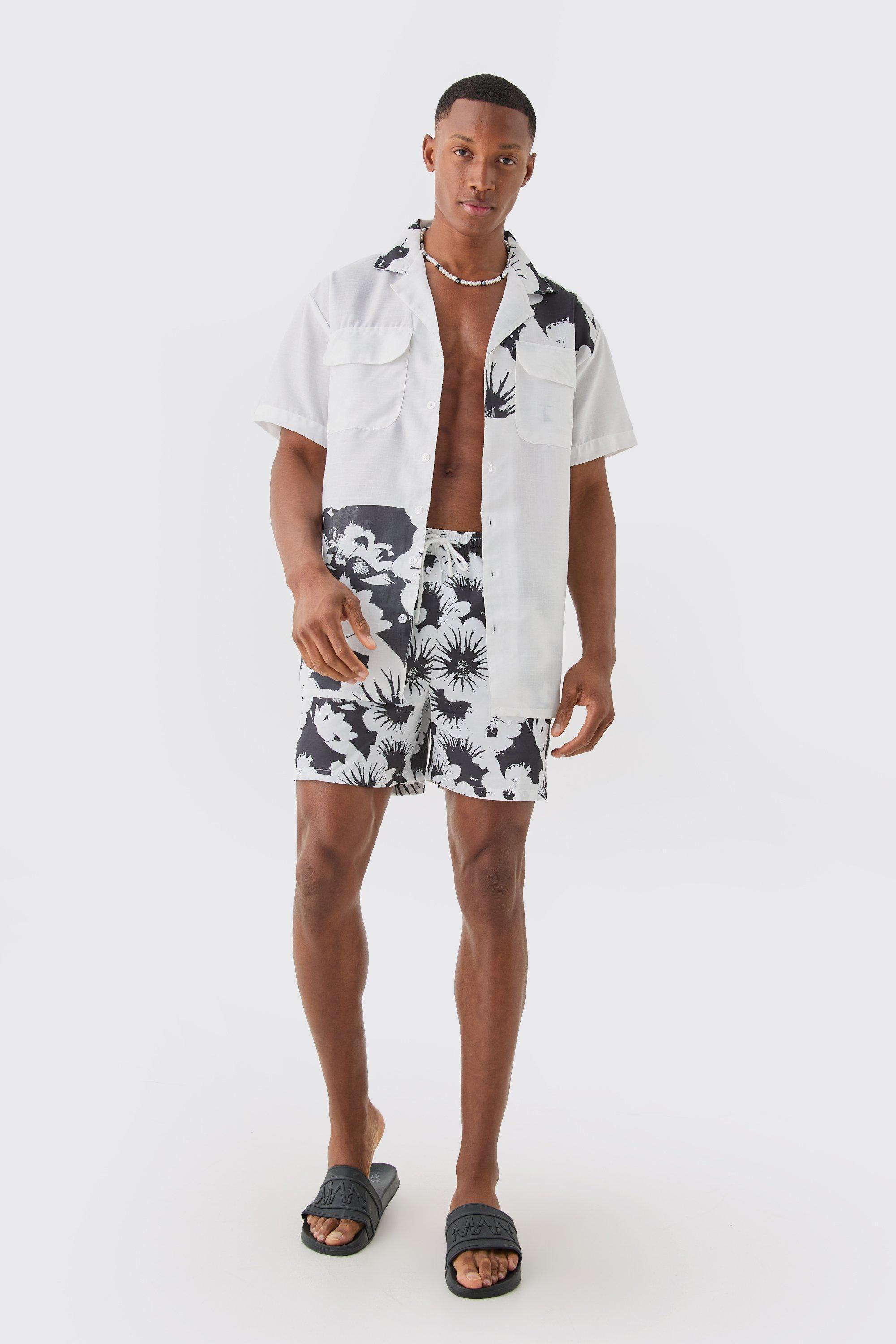 Oversized Printed Shirt And Swim Short Set | boohooMAN USA Product Image