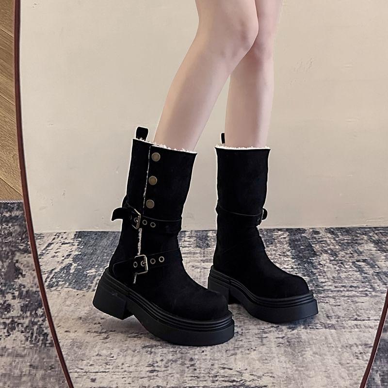 Faux Leather Platform Buckled Mid Calf Boots product image