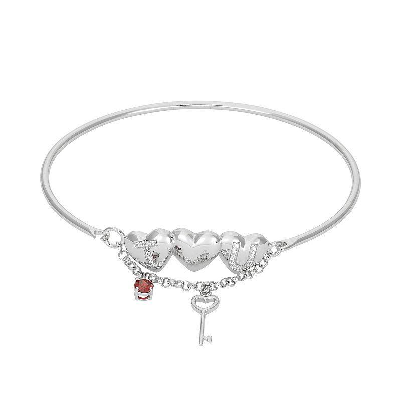 Cubic Zirconia Sterling Silver Heart & Key Charm Bangle Bracelet, Womens Red Product Image