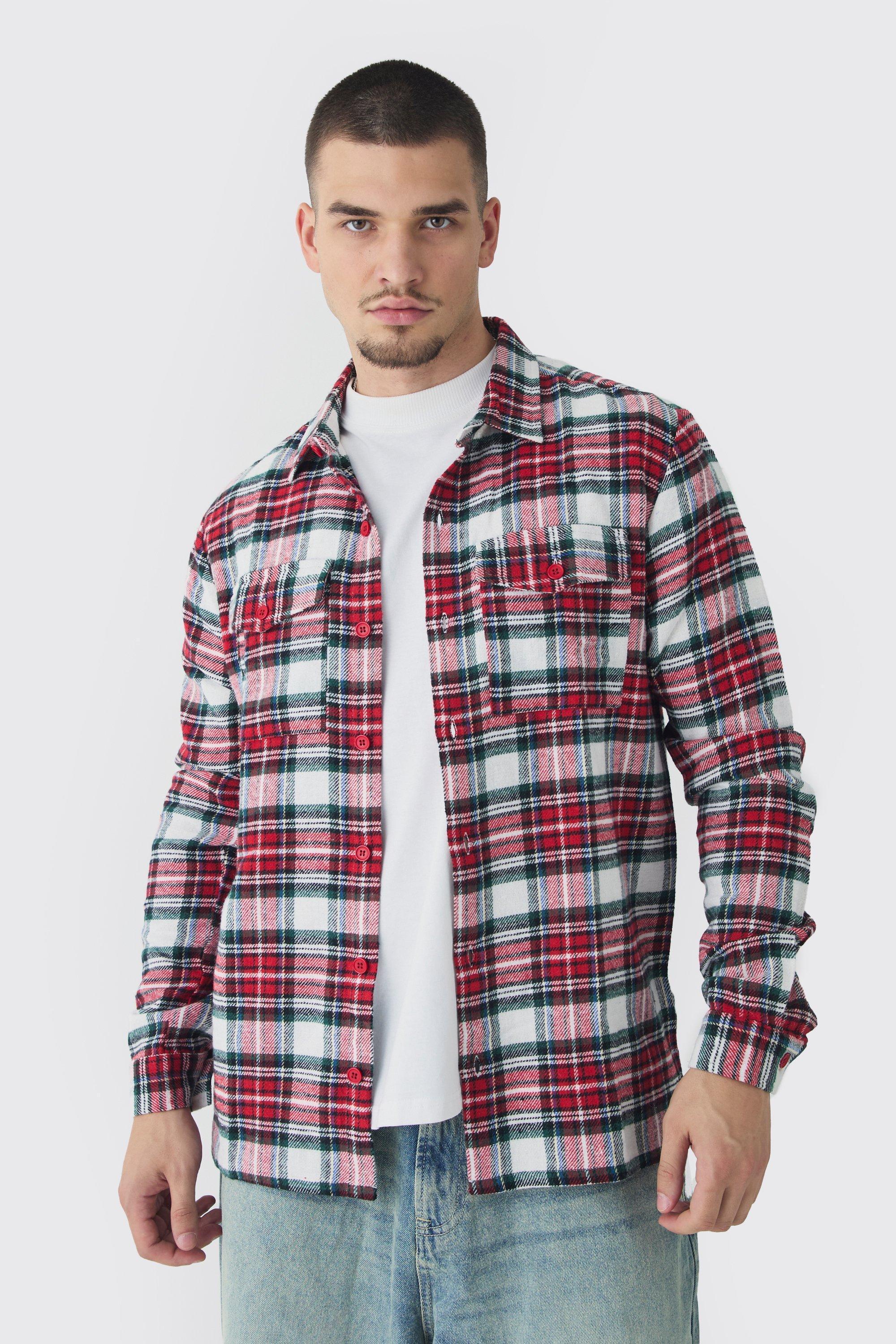 Mens Tall Brushed Red Tartan Checked Oversized Shirt, Red Product Image