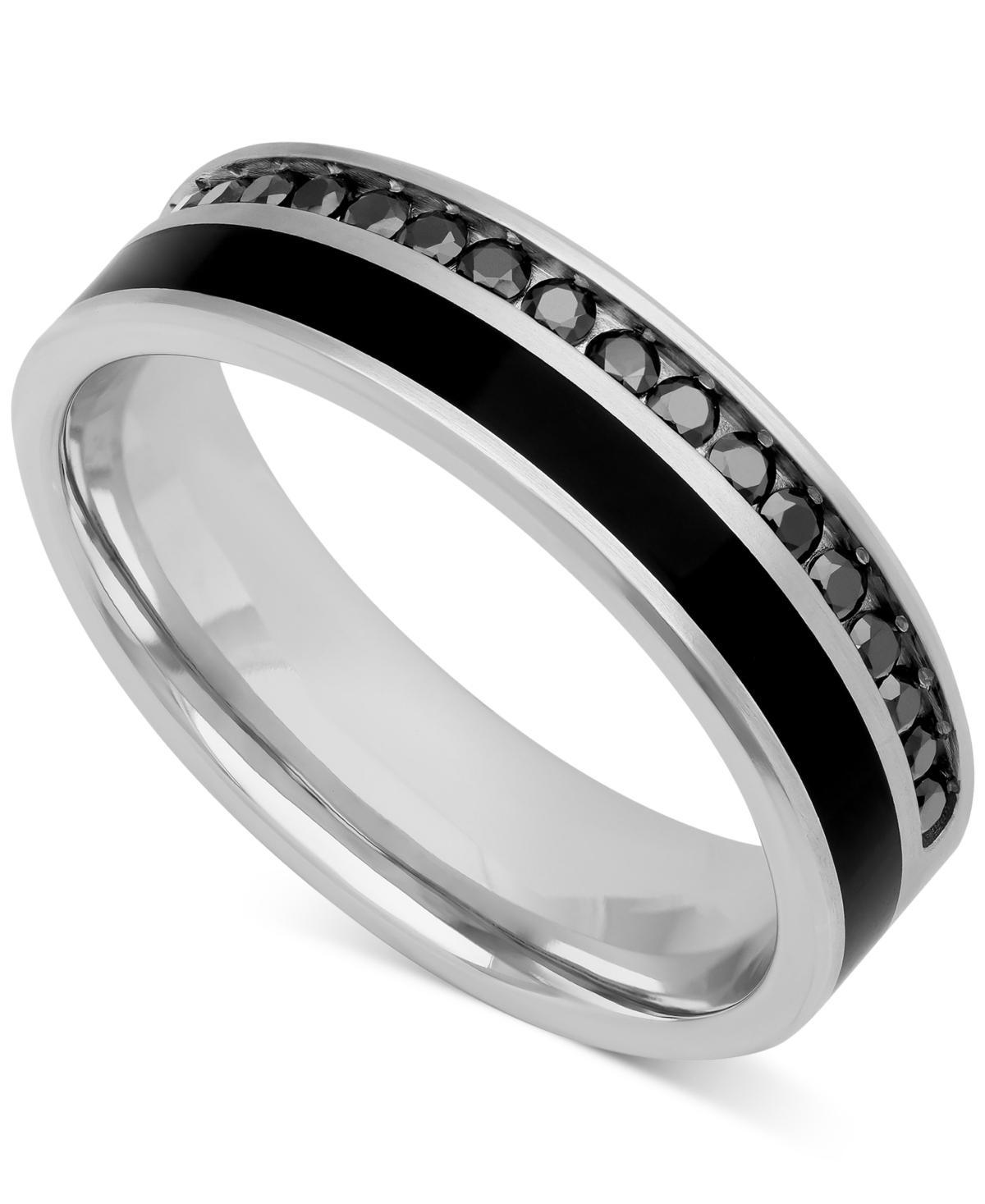 Mens Lab-Created White Sapphire (3/4 ct. t.w.) & Ceramic Stripe Band in 18k Gold-Plated Sterling Silver (Also in Black Sapphire) - Black Product Image