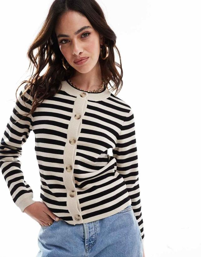 Object knit button cardigan in cream and black stripe Product Image