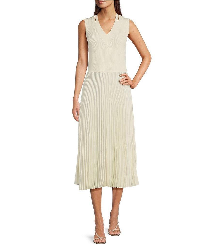 BOSS by Hugo Boss Farara Mixed Media V-Neck Sleeveless Pleated Midi Drop Waist Dress Product Image