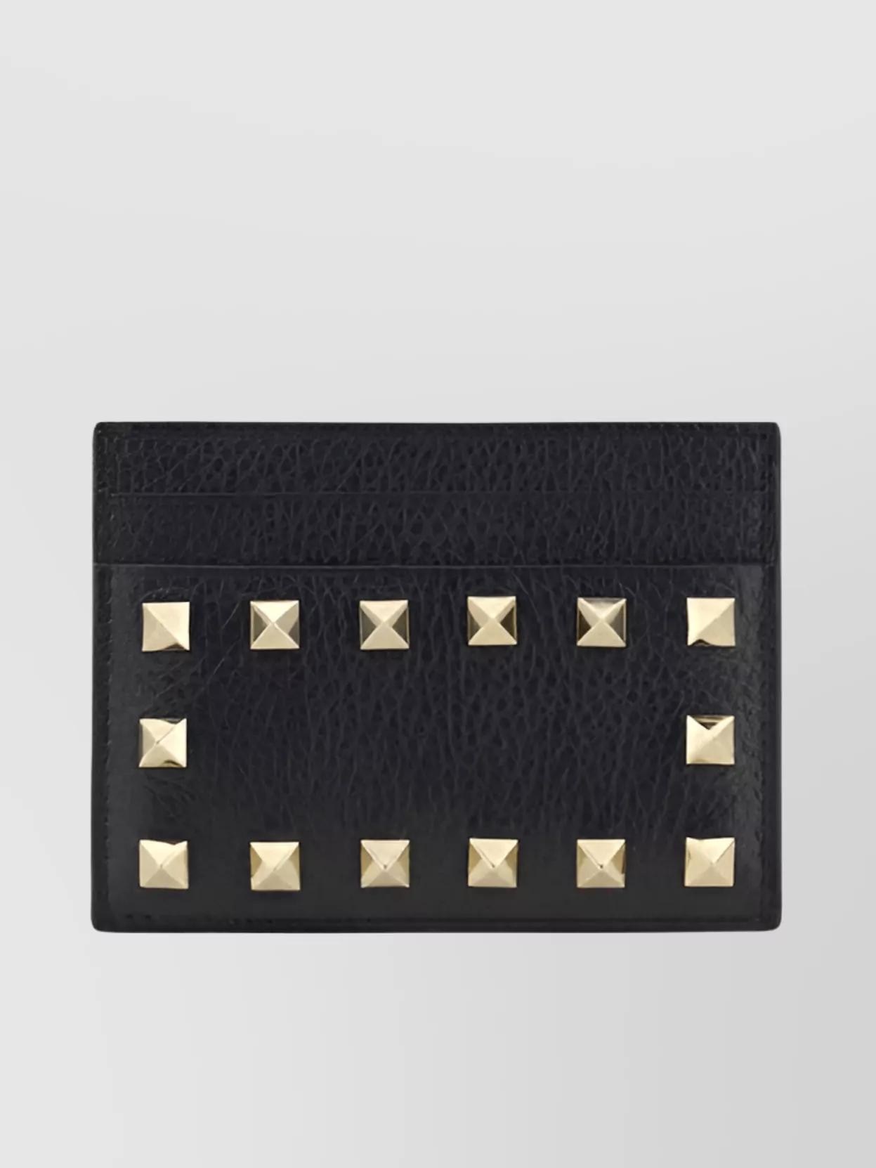 Studded Grained Leather Card Holder In Black Product Image