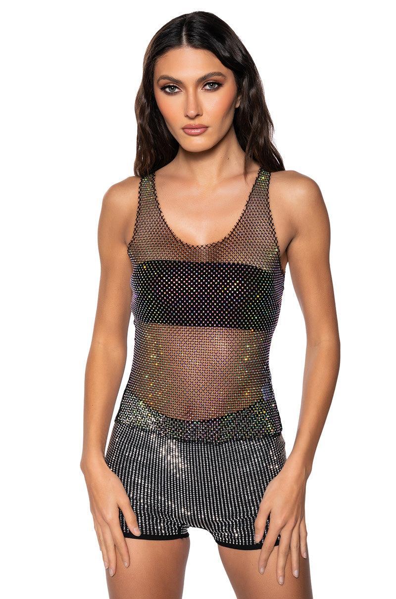 ANGEL SLEEVELESS RHINESTONE MESH TOP IN BLACK product image