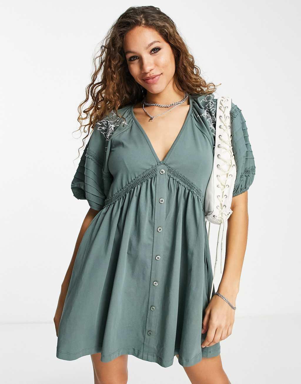 ASOS DESIGN mini smock dress with sleeve detail and floral embroidery in khaki Product Image