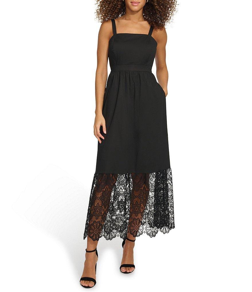 Kensie Square Neck Sleeveless Lace Eyelet Hem Side Pocket Midi Dress Product Image