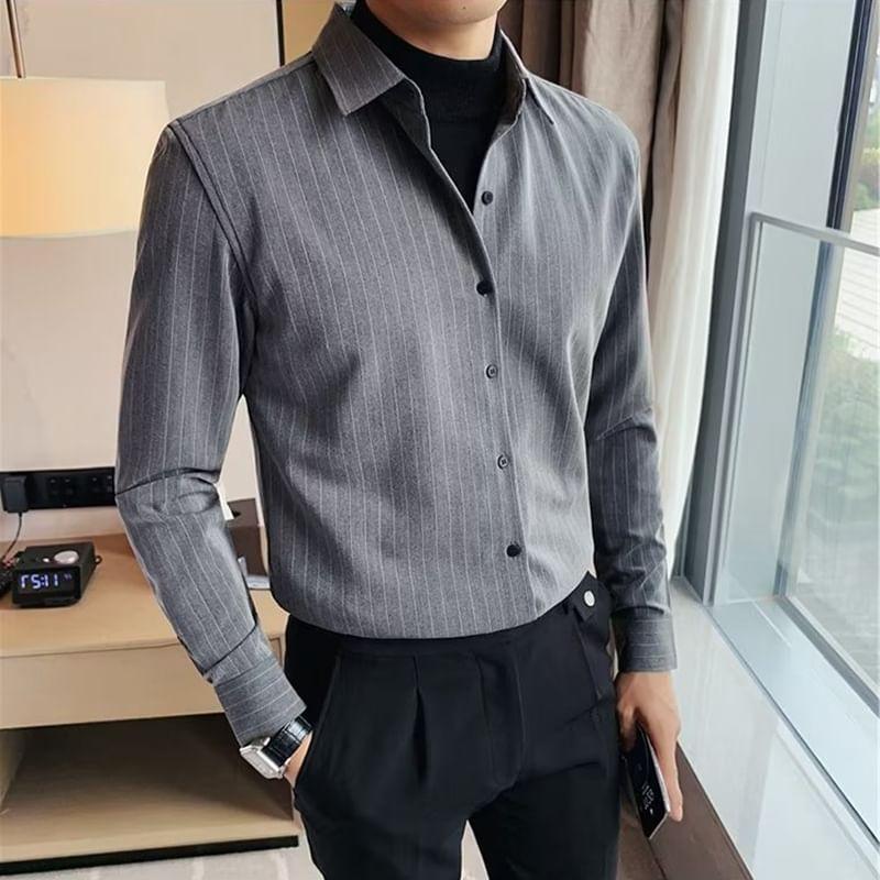 Mock Two-Piece Long-Sleeve Striped Shirt Product Image