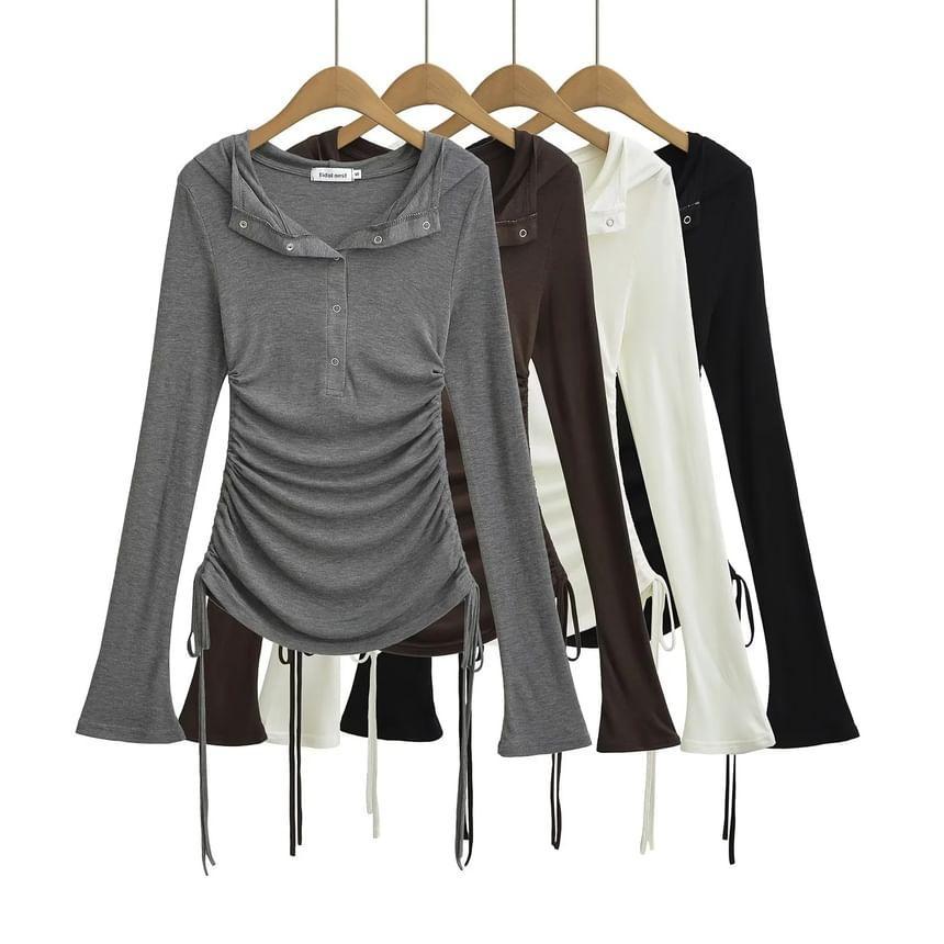 Long-Sleeve Plain Hooded Drawstring T-Shirt Product Image