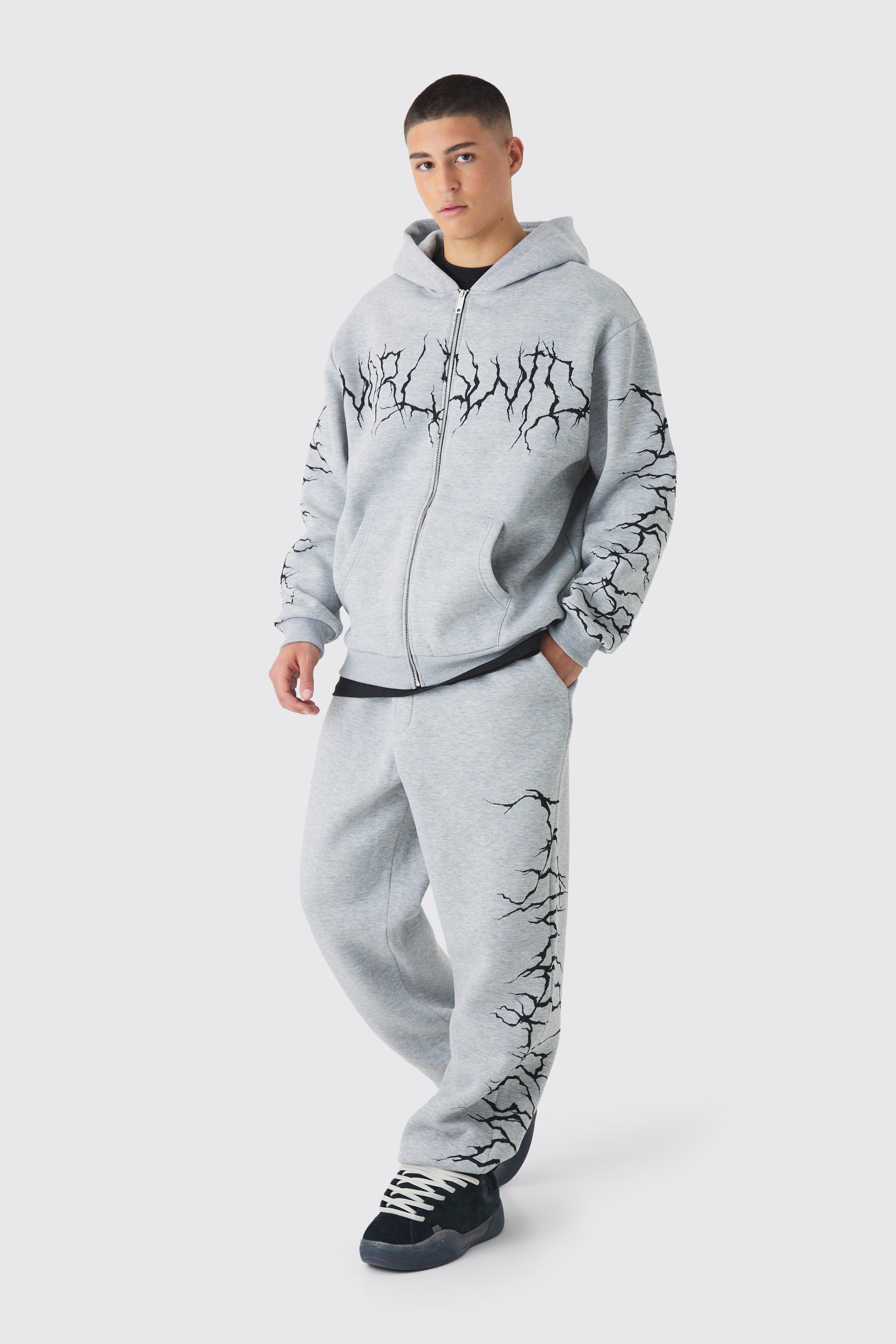 Mens Black Oversized Graffiti Zip Through Hooded Tracksuit, Black Product Image