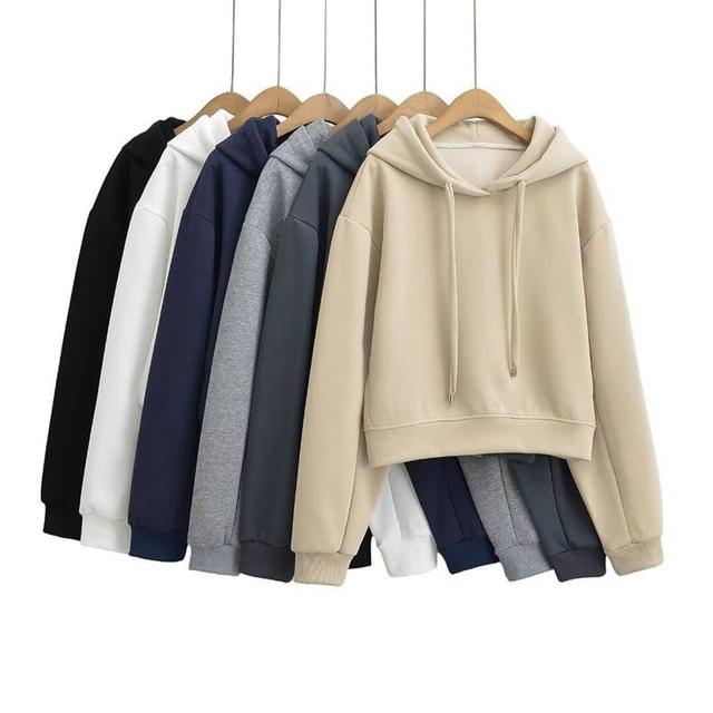 Drop Shoulder Drawstring Crewneck Plain Cropped Hoodie Product Image