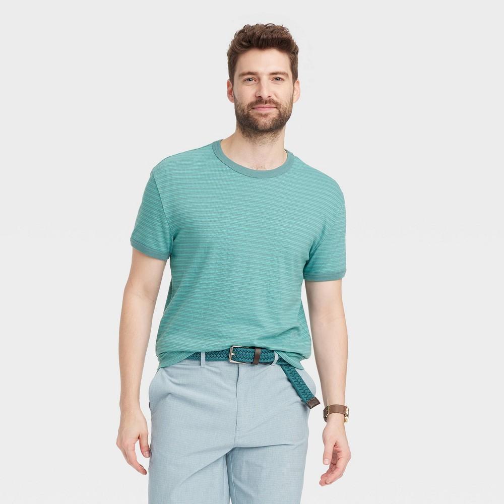 Mens Standard Fit Striped Short Sleeve Crewneck T-Shirt - Goodfellow & Co Turquoise Blue XXL Product Image