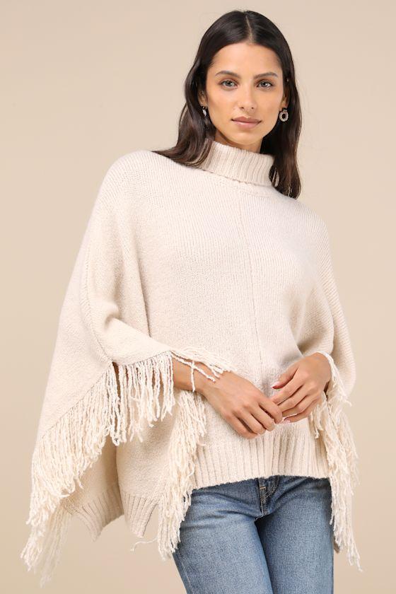 Eclectic Attitude Cream Knit Turtleneck Fringe Poncho Sweater Product Image